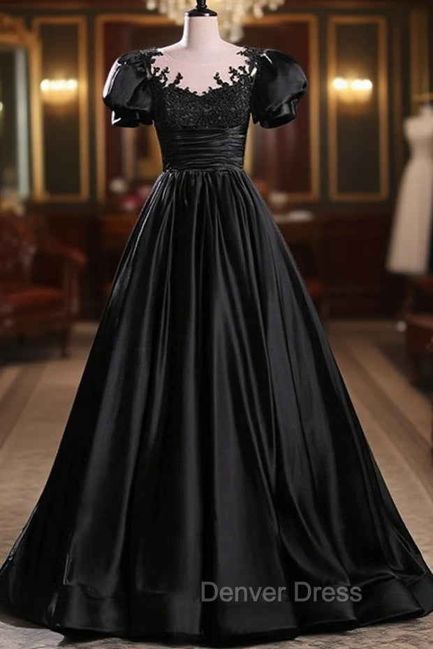 Black Satin A Line Floor Length Long Prom Dress with Lace, Black Long Prom Dresses