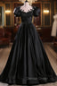 Black Satin A-line Floor Length Long Party Dresses with Lace, Black Long Formal Dresses
