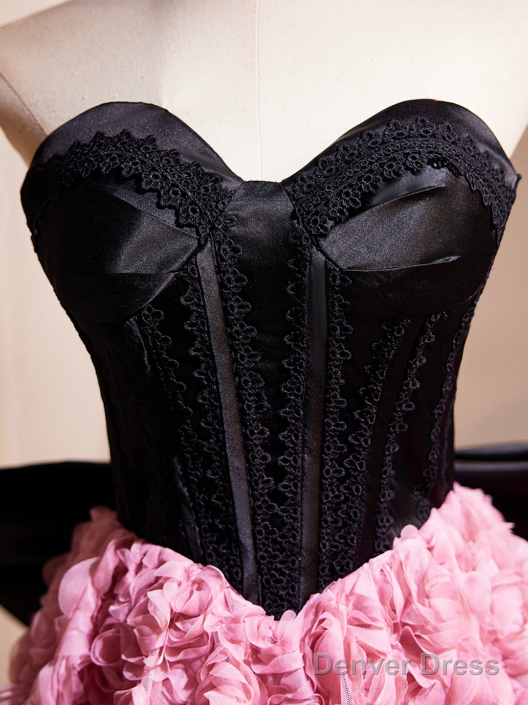Black Satin And Pink Ruffle Flower Short Prom Dress, Lovely A-Line Strapless Bow Party Cocktail Dress