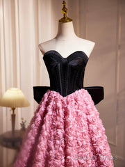 Black Satin And Pink Ruffle Flower Short Prom Dress, Lovely A-Line Strapless Bow Party Cocktail Dress