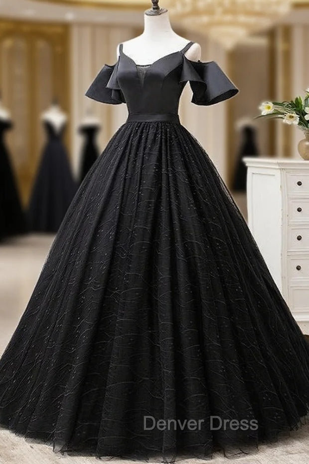 Black Satin and Tulle Ball Gown Off Shoulder Evening Dresses Party Gown, Black Long Formal Dresses Secondary image