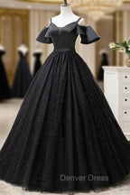 Black Satin and Tulle Ball Gown Off Shoulder Evening Dresses Party Gown, Black Long Formal Dresses
