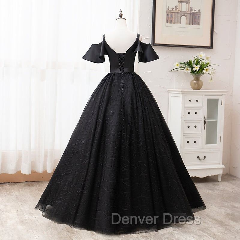 Black Satin and Tulle Ball Gown Off Shoulder Evening Dresses Party Gown, Black Long Formal Dresses