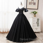 Black Satin and Tulle Ball Gown Off Shoulder Evening Dresses Party Gown, Black Long Formal Dresses