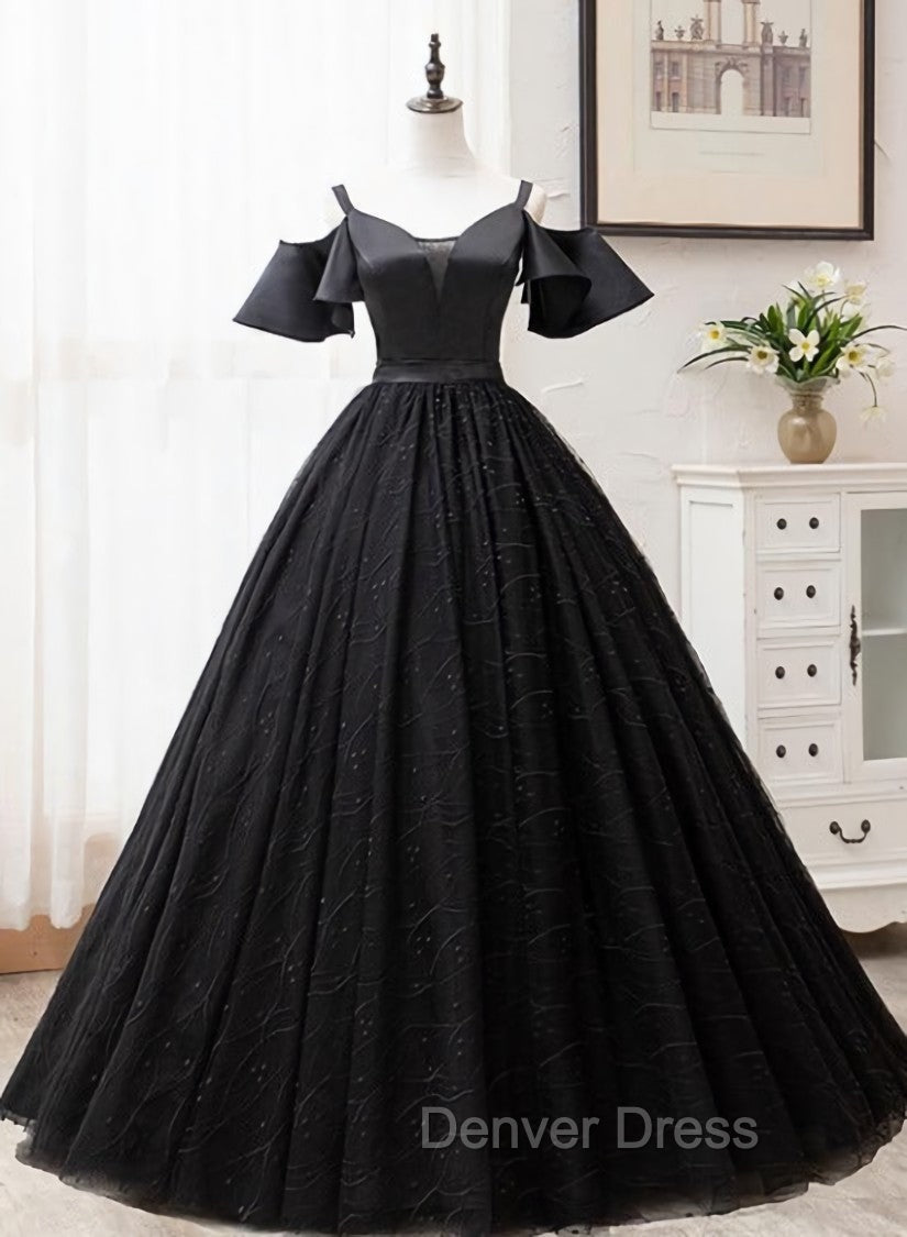 Black Satin and Tulle Ball Gown Off Shoulder Evening Dresses Party Gown, Black Long Formal Dresses Main image