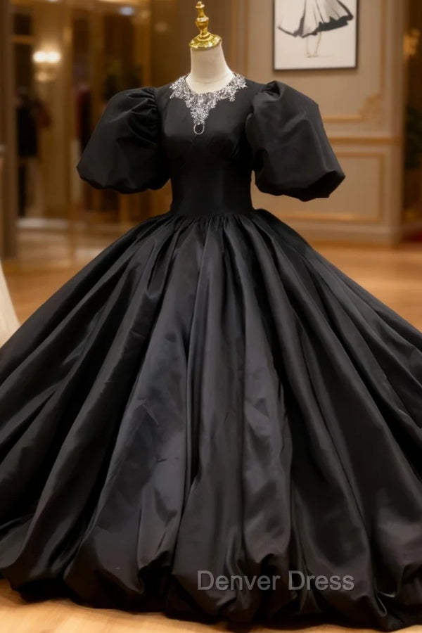 Black Satin Ball Gown Puff Sleeve Prom Dresses