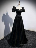 Black Satin Beaded Floor Length Prom Dresses, Black A-Line Short Sleeve Evening Dresses