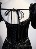 Black Satin Beaded Floor Length Prom Dresses, Black A-Line Short Sleeve Evening Dresses