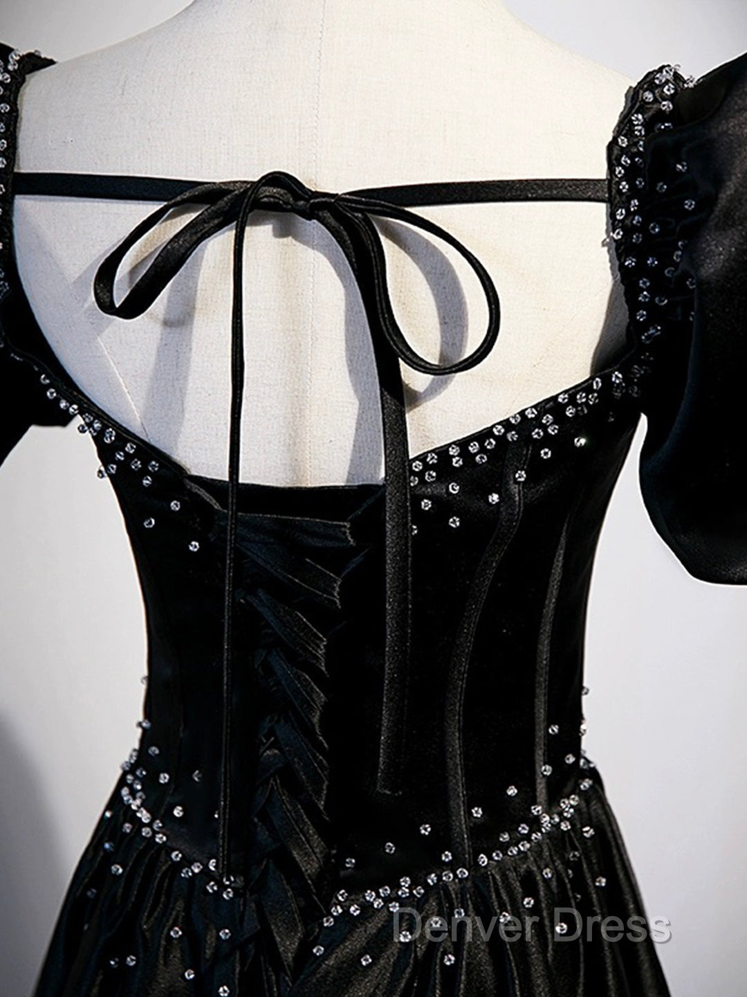 Black Satin Beaded Floor Length Prom Dresses, Black A-Line Short Sleeve Evening Dresses