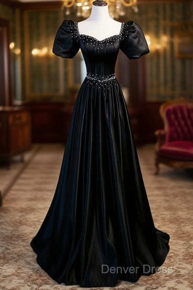 Black Satin Beaded Floor Length Prom Dresses, Black A-Line Short Sleeve Evening Dresses Main image