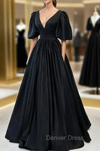 Black Satin Deep V-neckline Long Formal Dresses, Black Evening Dresses Prom Dresses