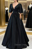 Black Satin Deep V-neckline Long Formal Dresses, Black Evening Dresses Prom Dresses