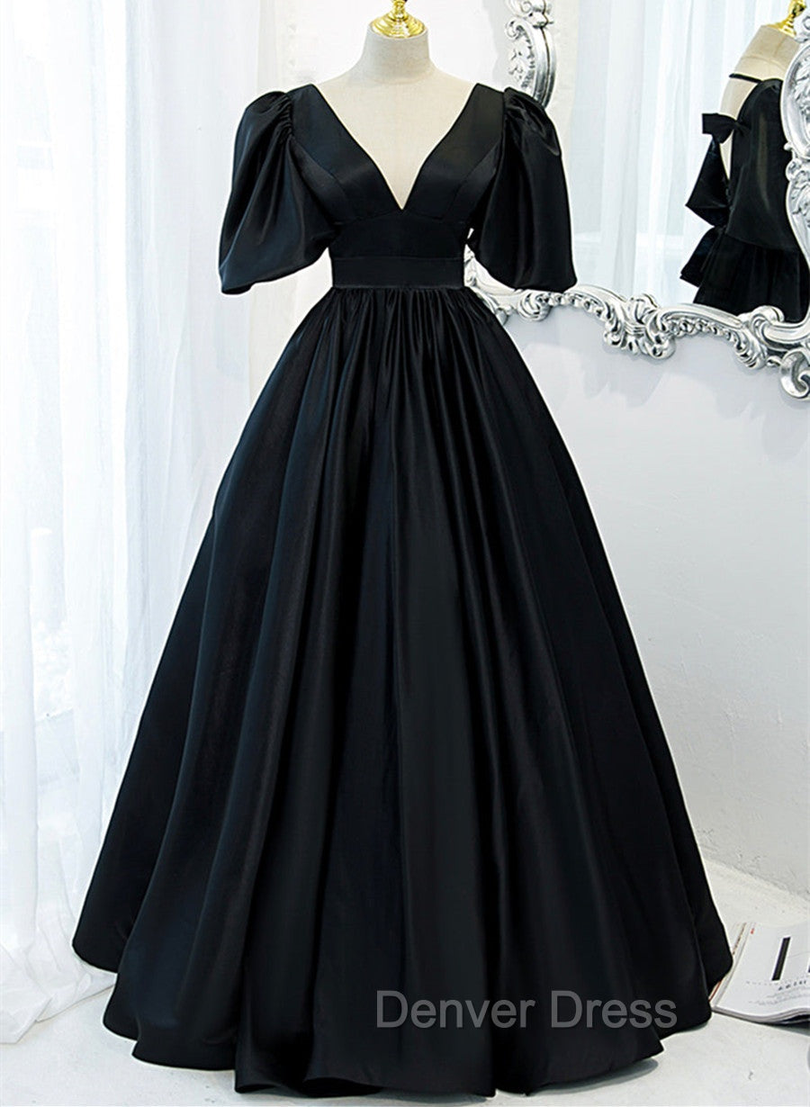 Black Satin Deep V-neckline Long Formal Dresses, Black Evening Dresses Prom Dresses Main image