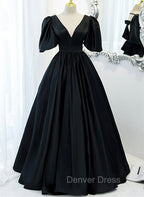 Black Satin Deep V-neckline Long Formal Dresses, Black Evening Dresses Prom Dresses