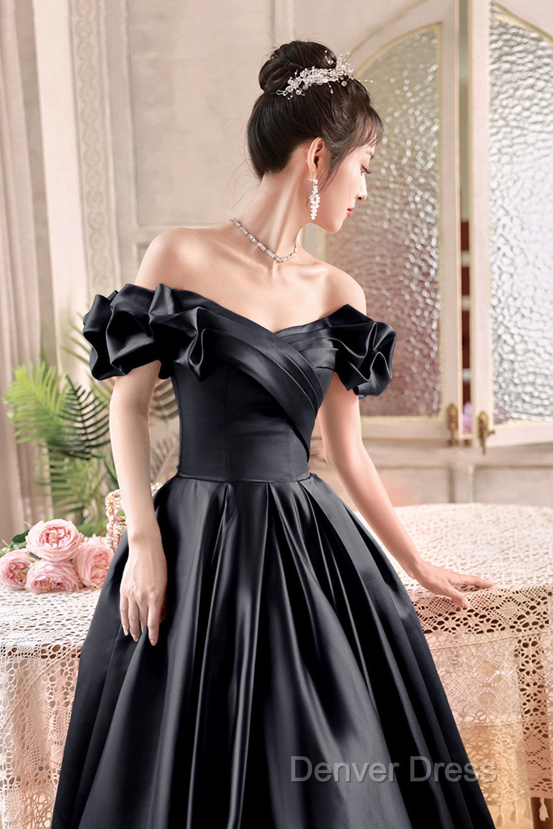 Black Satin Floor Length A-Line Prom Dresses, Off The Shoulder Evening Party Dresses Secondary image