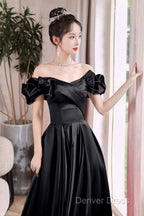 Black Satin Floor Length A-Line Prom Dresses, Off The Shoulder Evening Party Dresses
