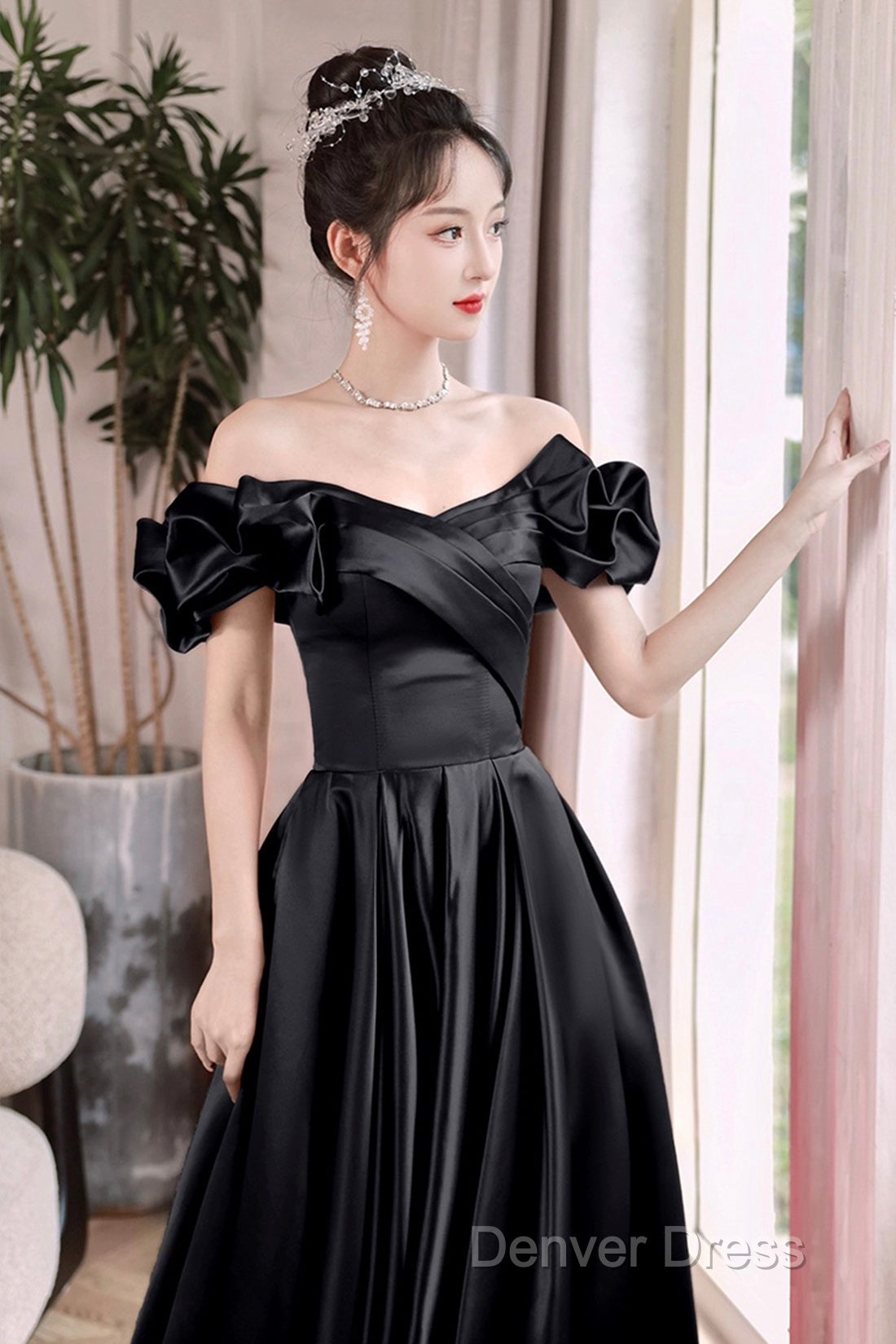 Black Satin Floor Length A-Line Prom Dresses, Off The Shoulder Evening Party Dresses