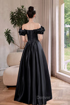 Black Satin Floor Length A-Line Prom Dresses, Off The Shoulder Evening Party Dresses