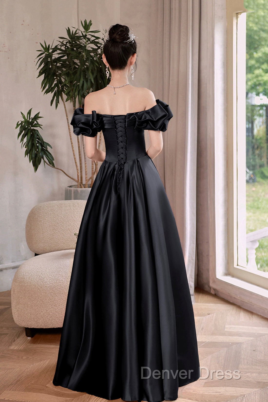 Black Satin Floor Length A-Line Prom Dresses, Off The Shoulder Evening Party Dresses