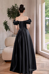 Black Satin Floor Length A-Line Prom Dress, Off The Shoulder Evening Party Dress