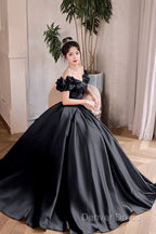 Black Satin Floor Length A-Line Prom Dresses, Off The Shoulder Evening Party Dresses