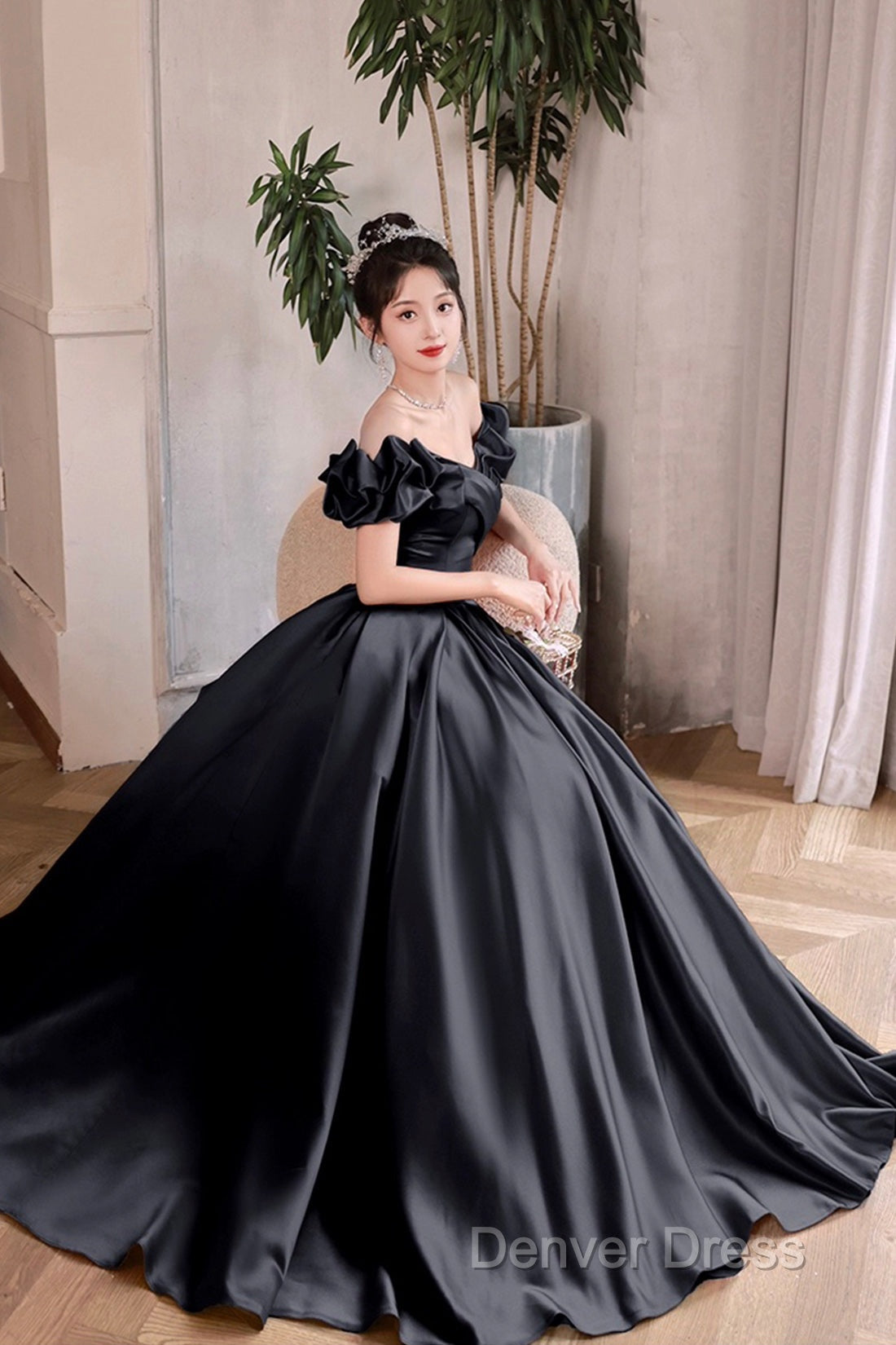 Black Satin Floor Length A-Line Prom Dresses, Off The Shoulder Evening Party Dresses