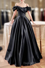 Black Satin Floor Length A-Line Prom Dresses, Off The Shoulder Evening Party Dresses