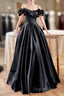 Black Satin Floor Length A-Line Prom Dresses, Off The Shoulder Evening Party Dresses