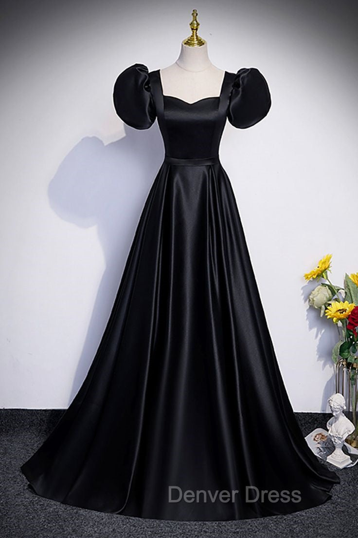 Black Satin Floor Length Prom Dress, Simple Black Short Sleeve Prom Dresses Secondary image