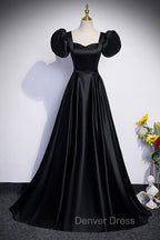 Black Satin Floor Length Prom Dress, Simple Black Short Sleeve Prom Dresses