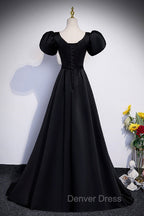 Black Satin Floor Length Prom Dress, Simple Black Short Sleeve Prom Dresses