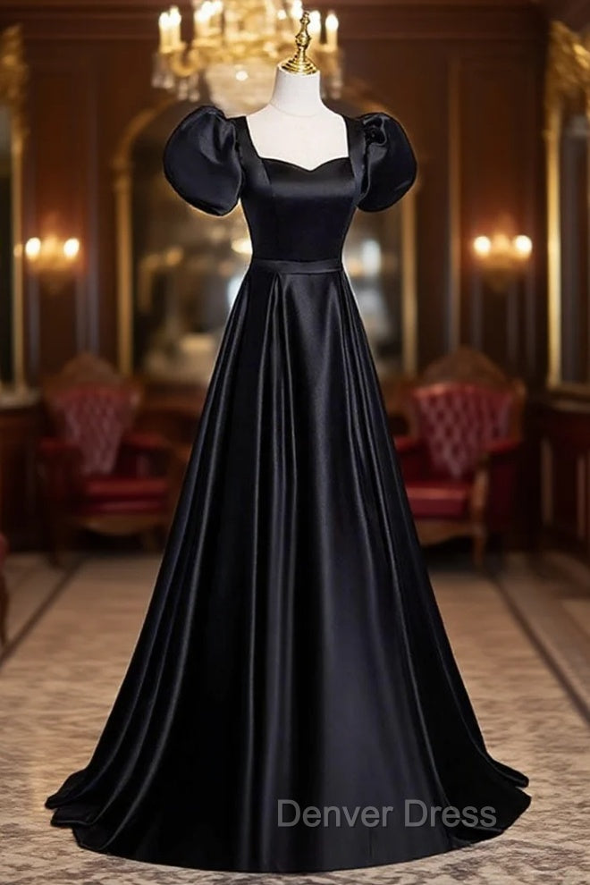 Black Satin Floor Length Prom Dress, Simple Black Short Sleeve Prom Dresses