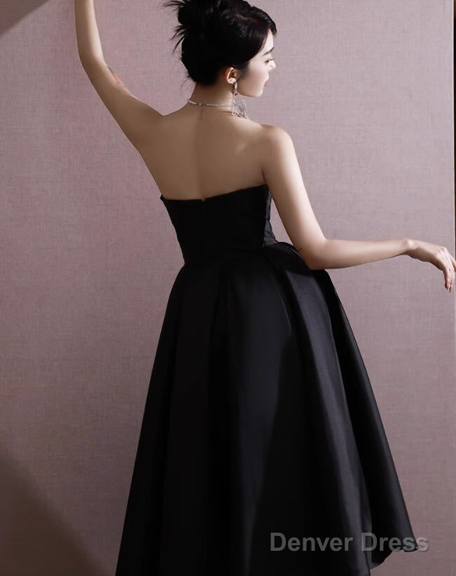 Black Satin High Low Sweetheart Homecoming Dress, Black Short Party Dress With Bow