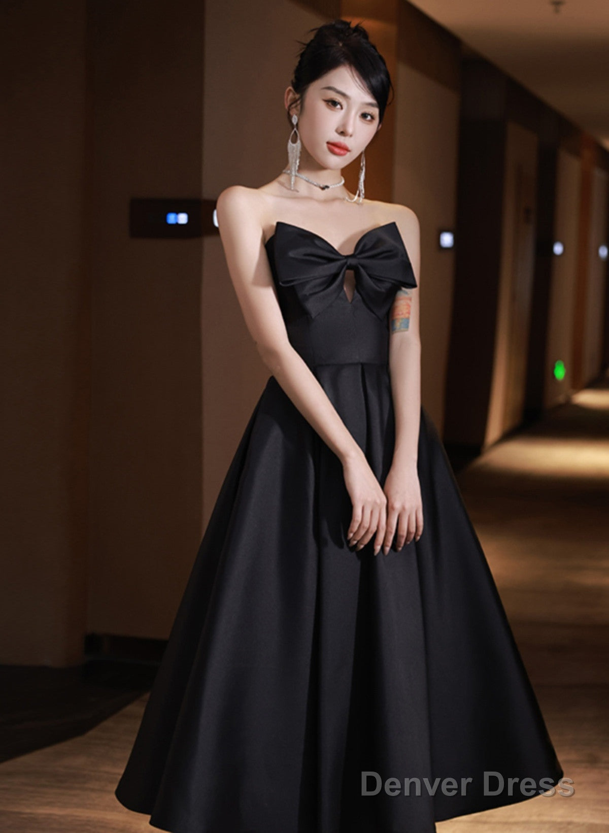 Black Satin High Low Sweetheart Homecoming Dress, Black Short Party Dress With Bow