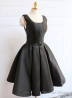 Black Satin Knee Length Party Dress , Black Backless Evening Dress