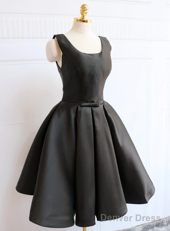 Black Satin Knee Length Prom Dress , Black Backless Prom Dresses