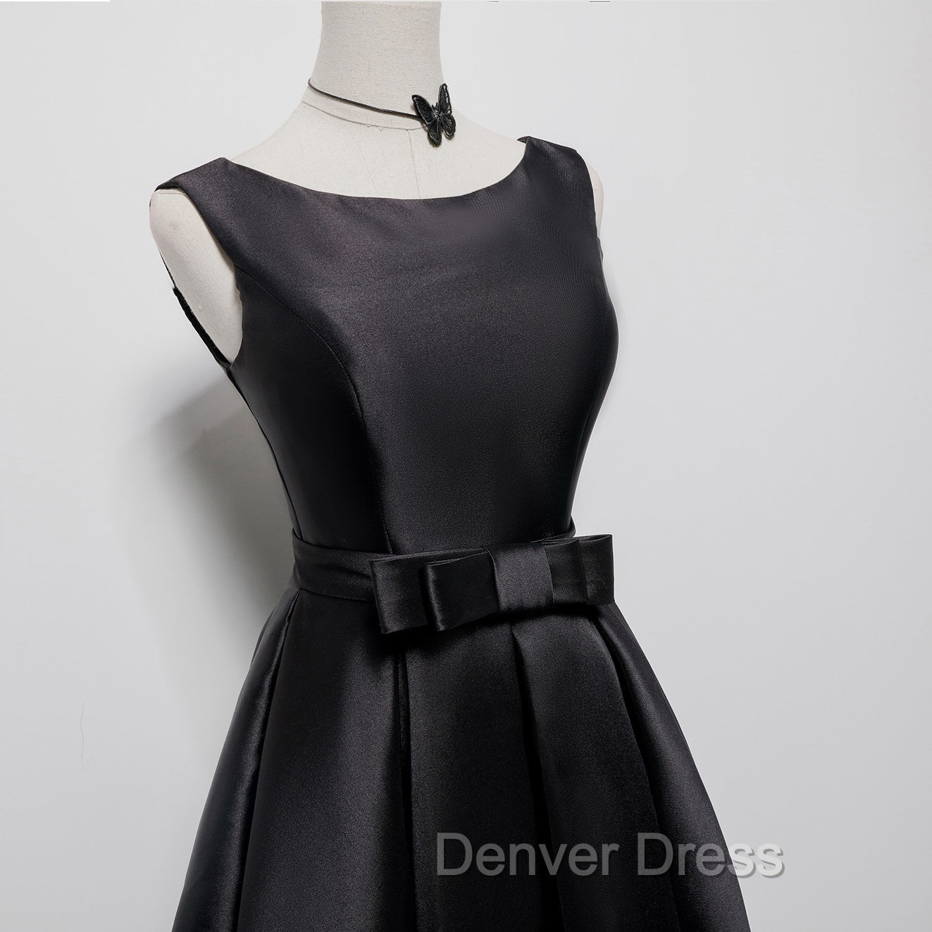 Black Satin Knee Length Round Neckline Party Dresses, Black Short Prom Dresses