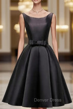 Black Satin Knee Length Round Neckline Party Dresses, Black Short Prom Dresses