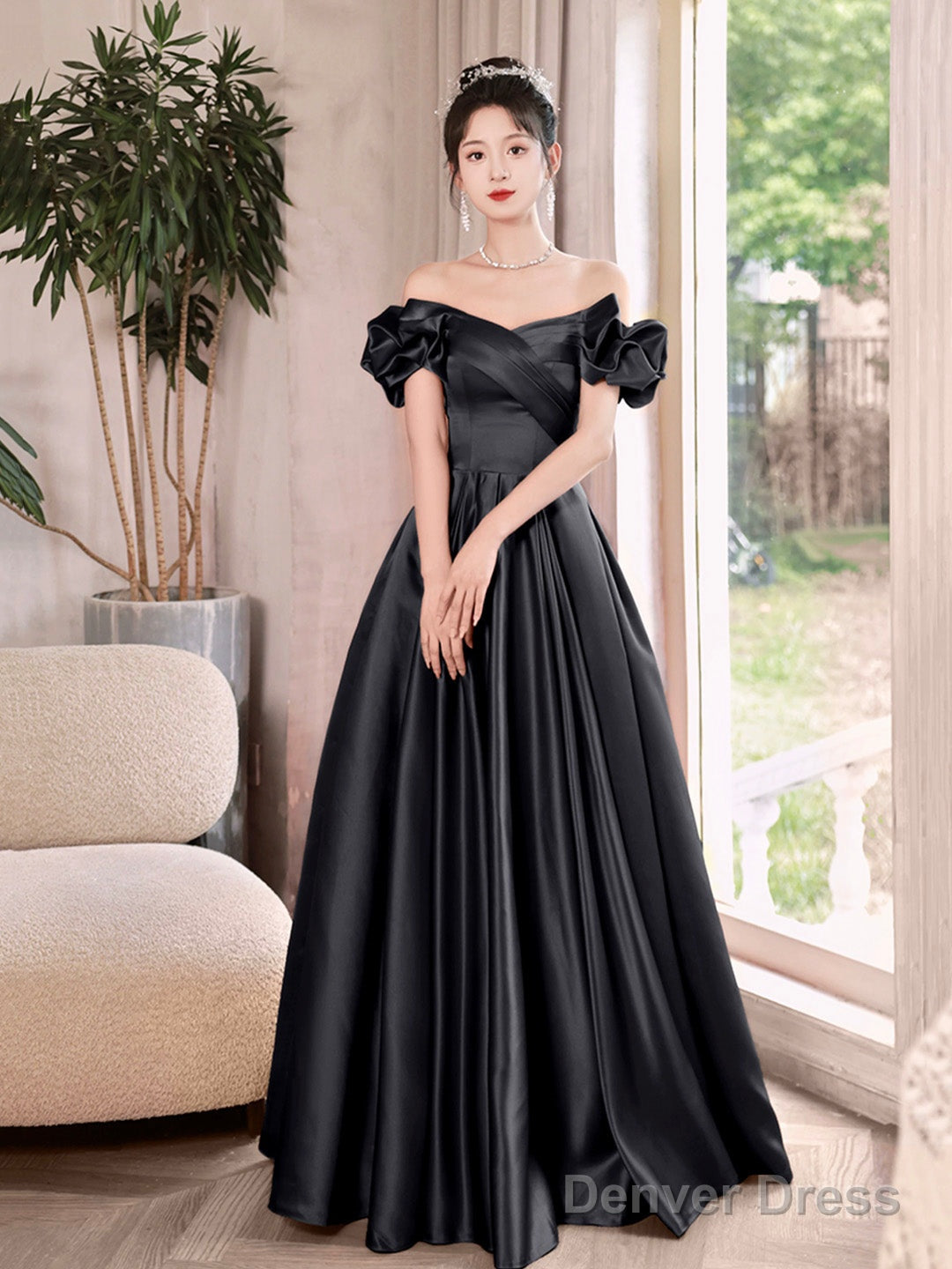 Black Satin Long A-Line Prom Dress, Black Off The Shoulder Evening Party Dress Secondary image
