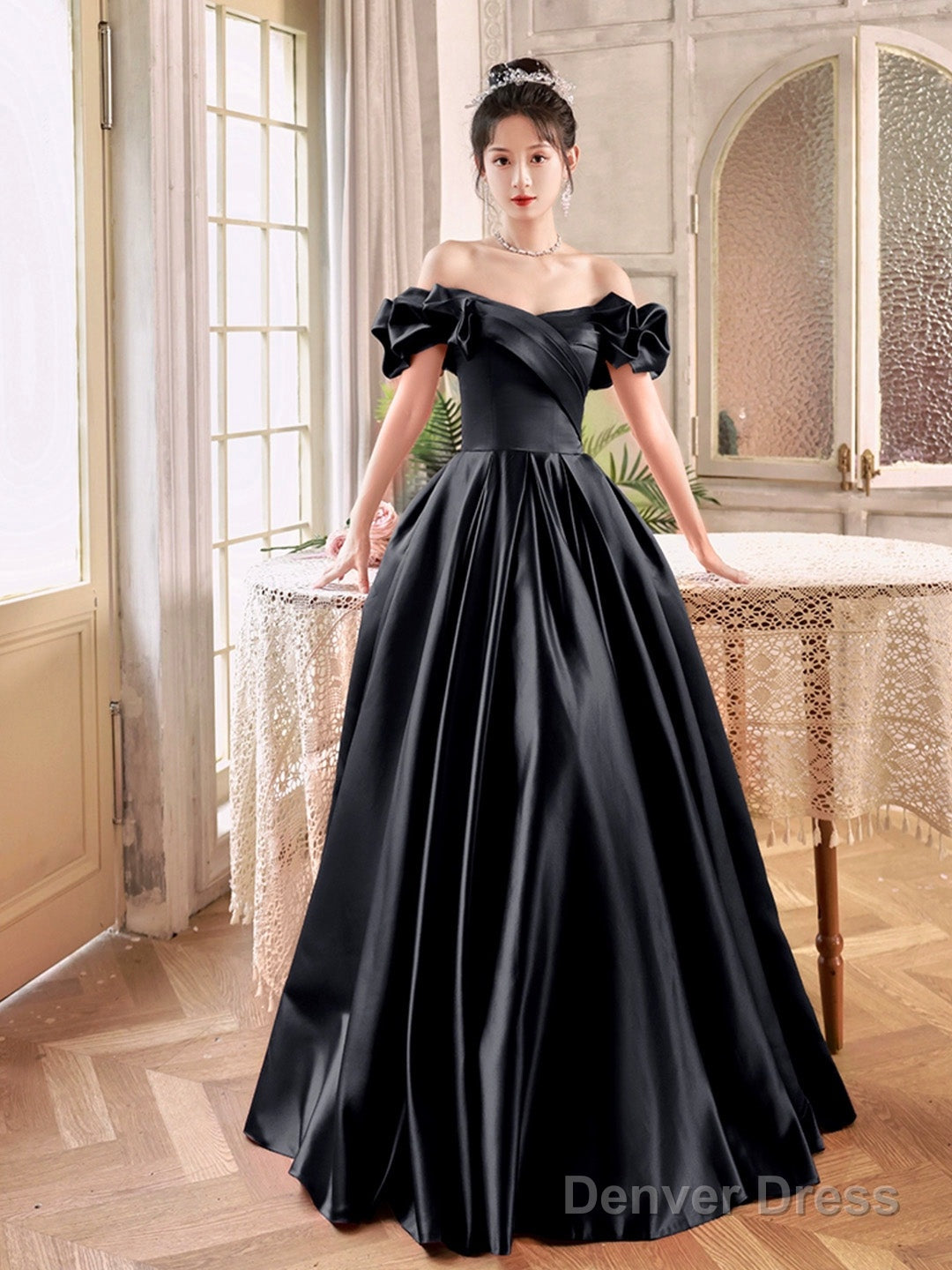 Black Satin Long A-Line Prom Dress, Black Off The Shoulder Evening Party Dress Main image