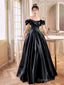 Black Satin Long A-Line Prom Dress, Black Off The Shoulder Evening Party Dress