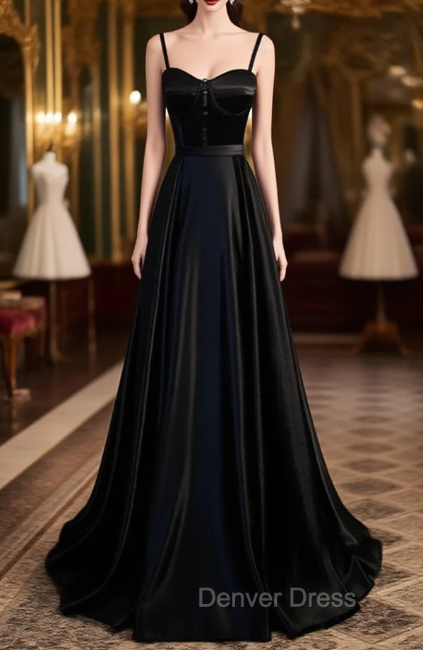 Black Satin Long Party Dresses Black Simple Junior Prom Dresses prom Dresses shops Main image