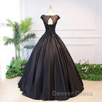 Black Satin Long Party Dresses Evening Gown A Line Floor Length Prom Dresses Elegant