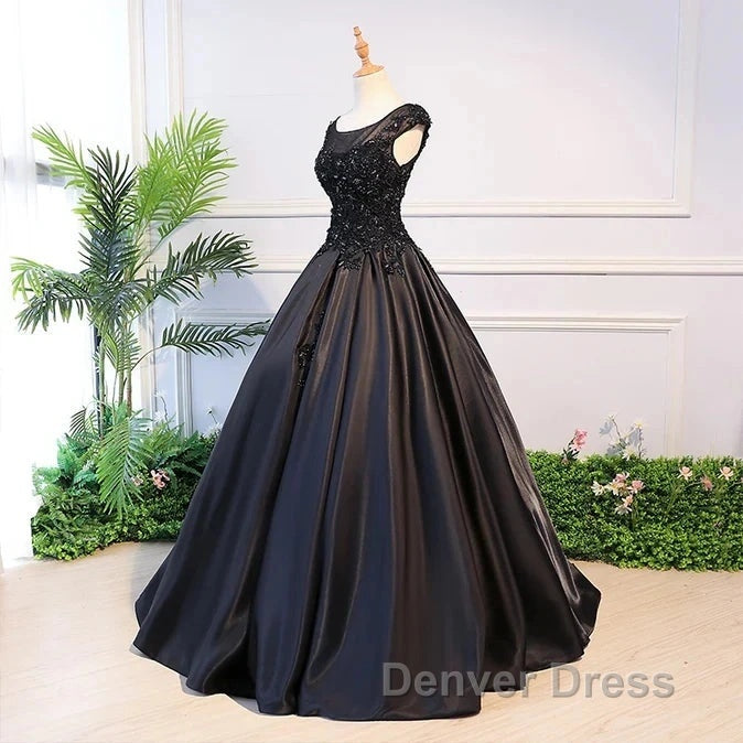 Black Satin Long Party Dresses Evening Gown A Line Floor Length Prom Dresses Elegant