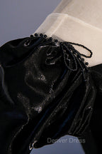 Black Satin Long Prom Dresses, Black A-Line Short Sleeve Evening Dresses