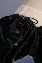 Black Satin Long Prom Dress, Black A Line Short Sleeve Prom Dresses