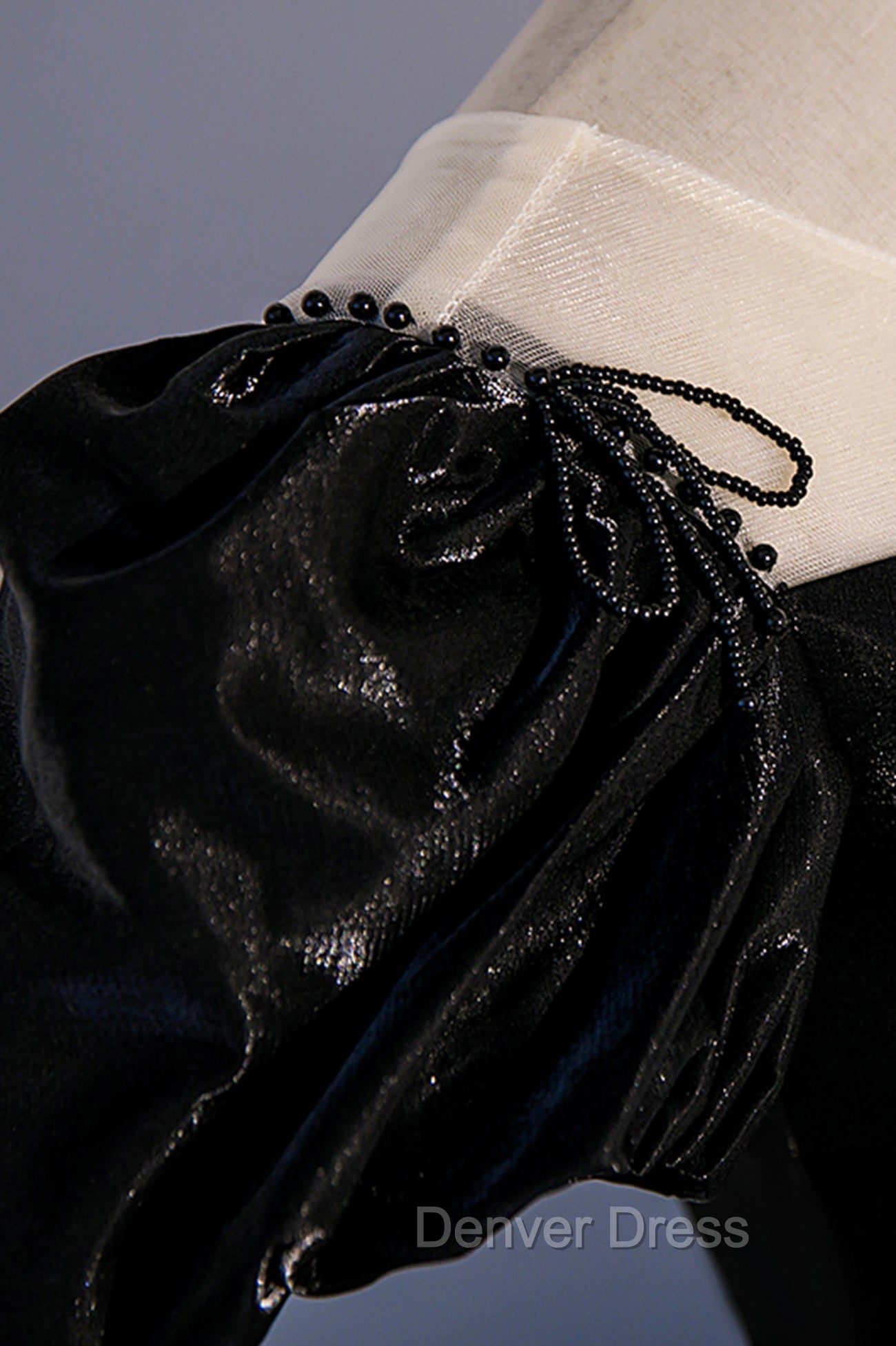 Black Satin Long Prom Dress, Black A Line Short Sleeve Prom Dresses