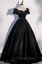 Black Satin Long Prom Dresses, Black A-Line Short Sleeve Evening Dresses