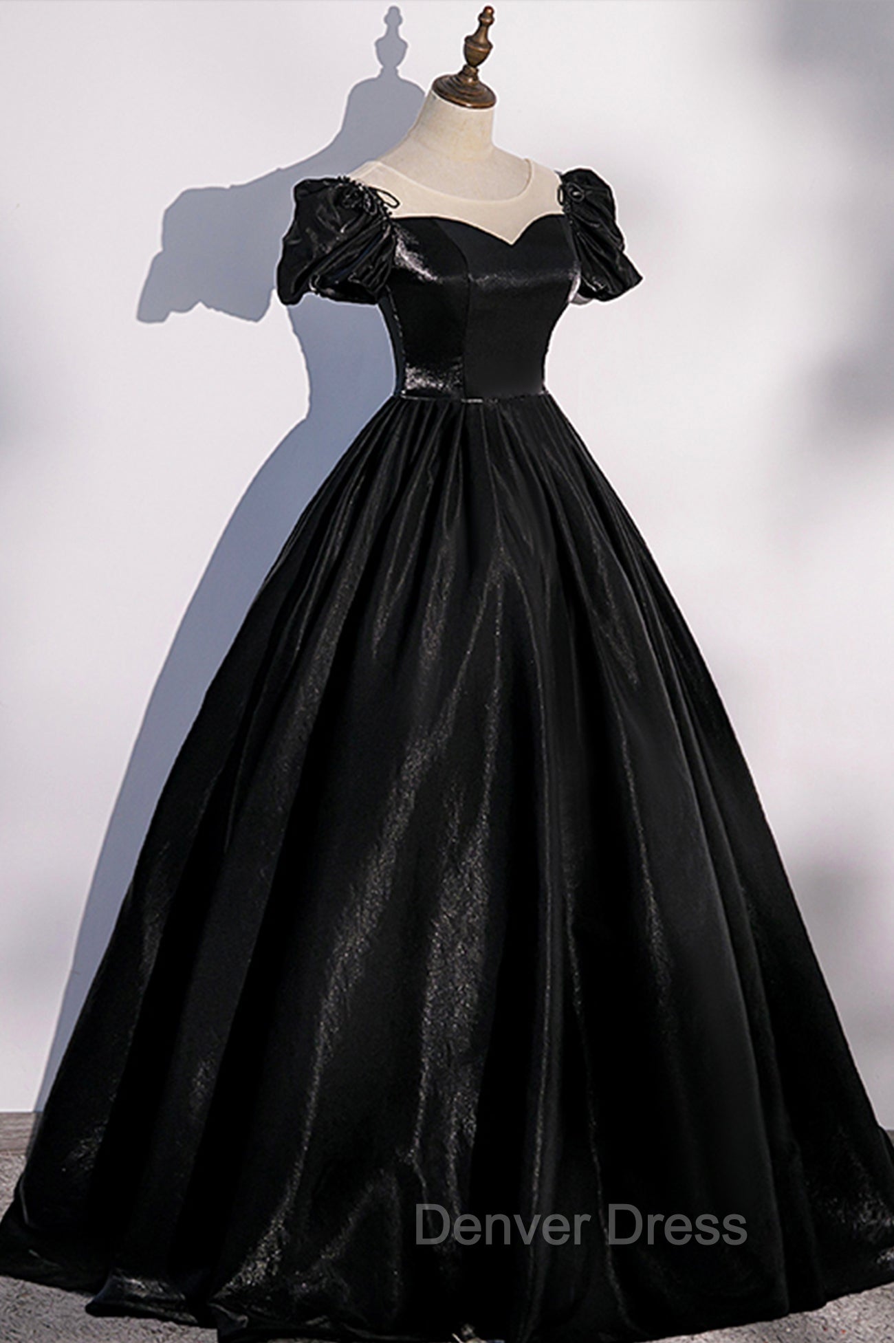 Black Satin Long Prom Dresses, Black A-Line Short Sleeve Evening Dresses