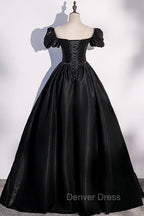 Black Satin Long Prom Dresses, Black A-Line Short Sleeve Evening Dresses